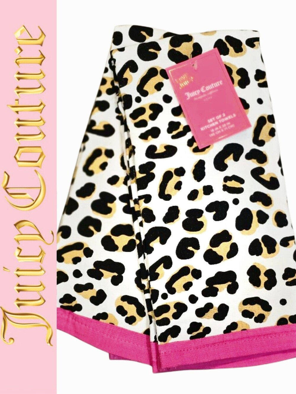 Juicy Couture Home Set Of 2 Leopord Print w/Pink Trim Kitchen Towels
